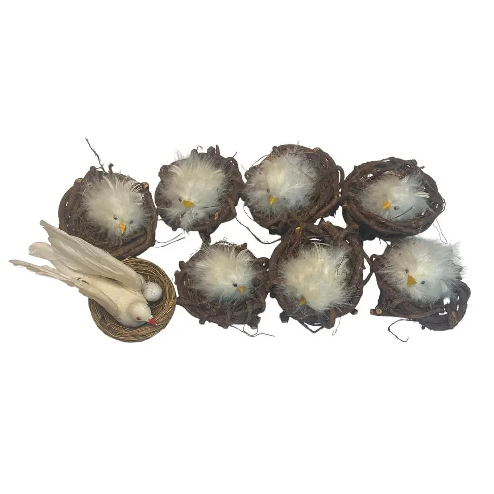 Vintage Pier 1 Ornaments 7- Fuzzy Baby Chics In Nest & 1- Dove In Nest Bird Nest